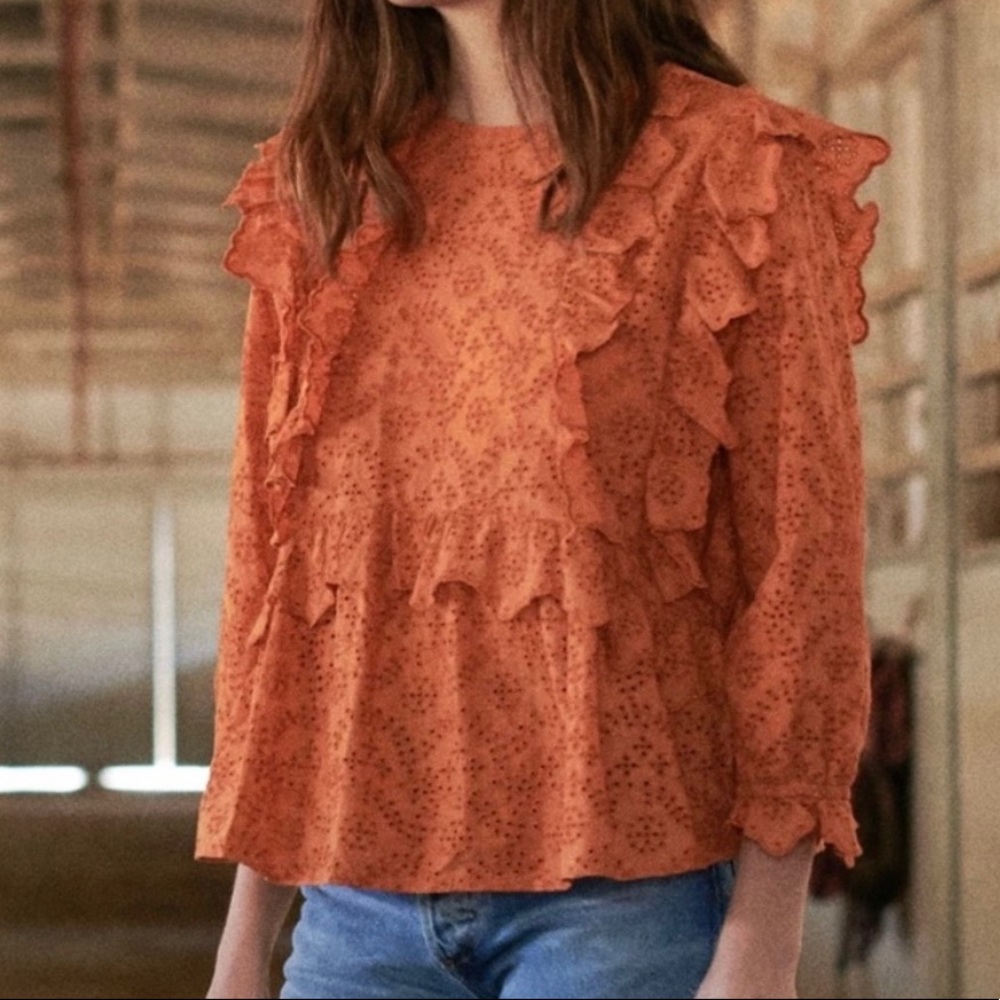 THE GREAT. Orange Ruffle Blouse